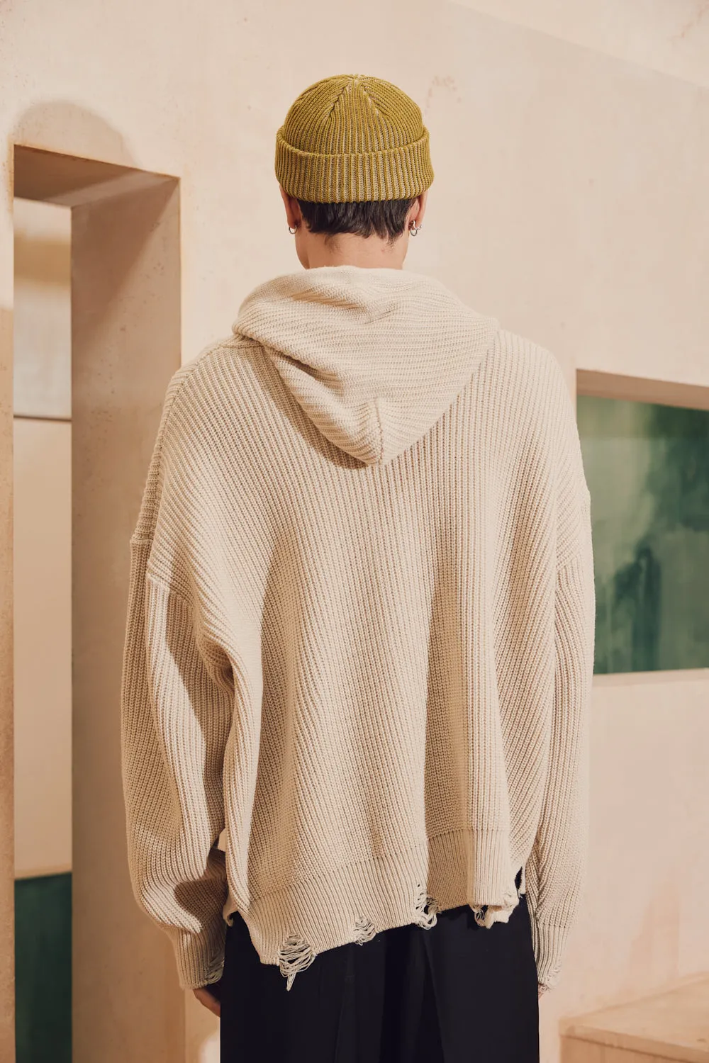 Distressed Heavy Knit Zip- Up Hoodie