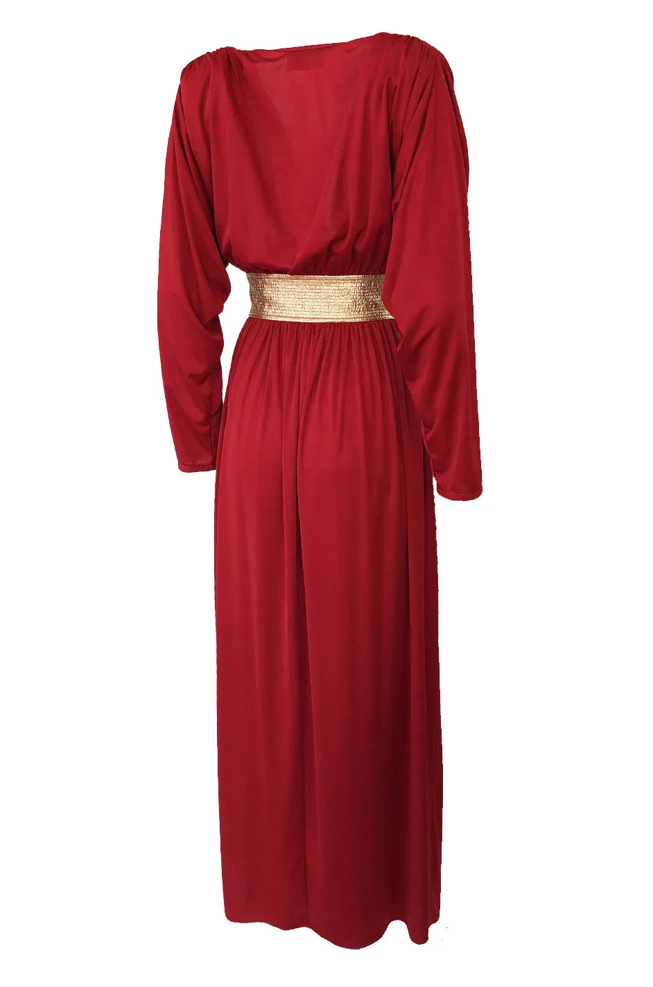 Documented 1980 Bill Tice Plunging Front Red Jersey & Gold Belt Dress