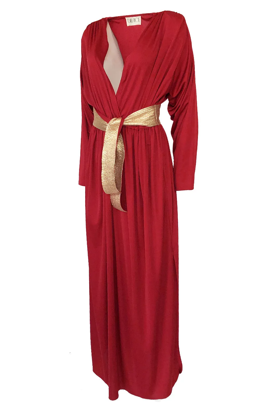 Documented 1980 Bill Tice Plunging Front Red Jersey & Gold Belt Dress