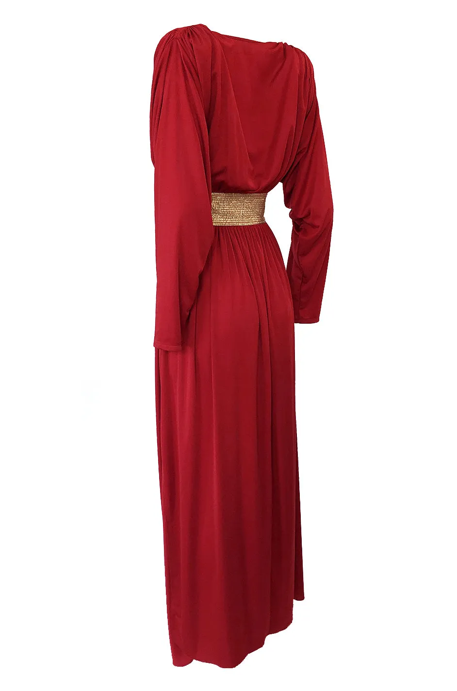 Documented 1980 Bill Tice Plunging Front Red Jersey & Gold Belt Dress