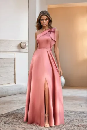 Elegant One Shoulder Watermelon A Line Split Prom Dresses