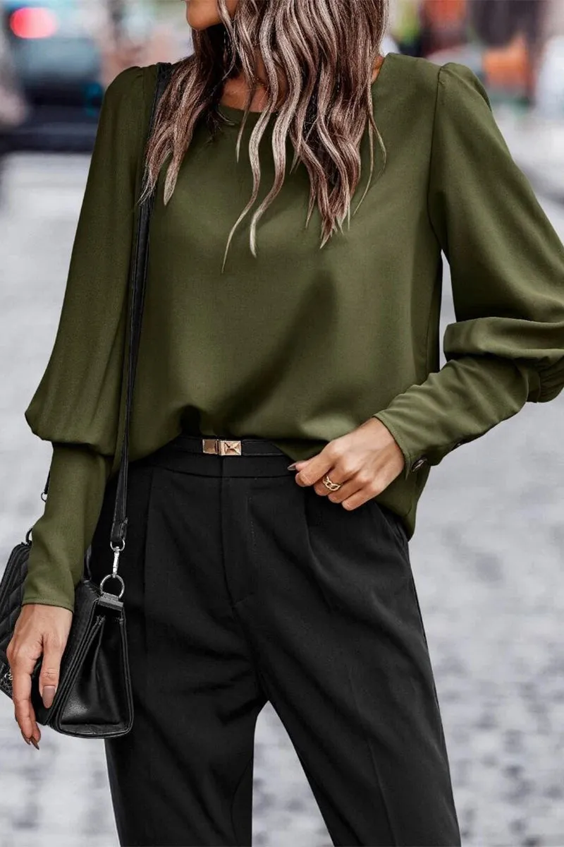 Elegant Solid Buttons O Neck Tops