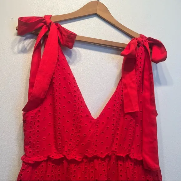 En Saison Eyelet Midi Dress in RED Size Small Ties at Shoulder 100% Cotton