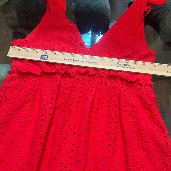 En Saison Eyelet Midi Dress in RED Size Small Ties at Shoulder 100% Cotton