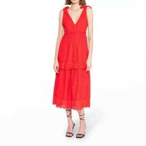En Saison Eyelet Midi Dress in RED Size Small Ties at Shoulder 100% Cotton