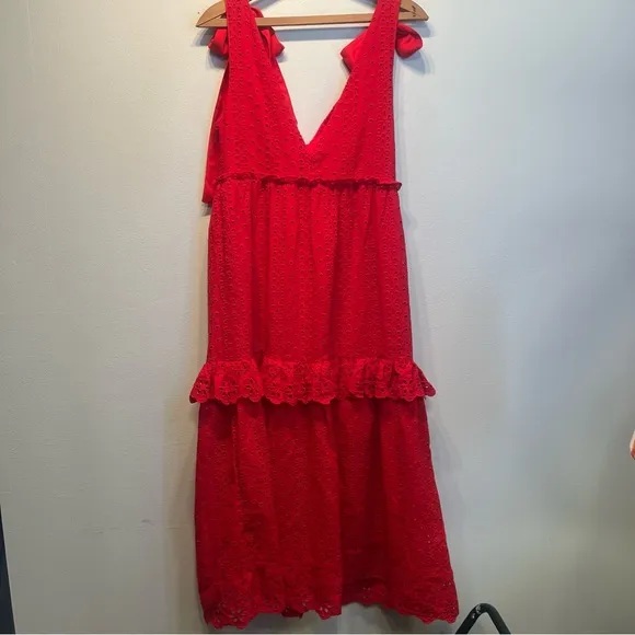 En Saison Eyelet Midi Dress in RED Size Small Ties at Shoulder 100% Cotton