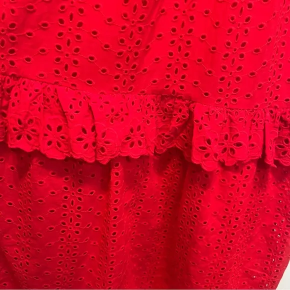 En Saison Eyelet Midi Dress in RED Size Small Ties at Shoulder 100% Cotton