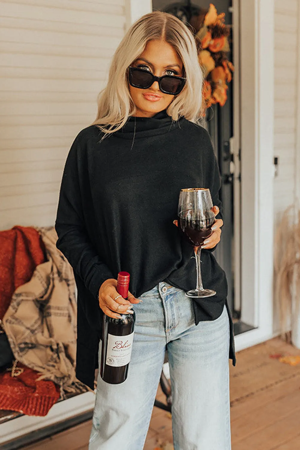 Erin Side Slit High-Low Cowl Neck Long Sleeve Blouse
