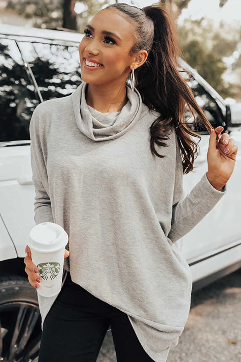 Erin Side Slit High-Low Cowl Neck Long Sleeve Blouse