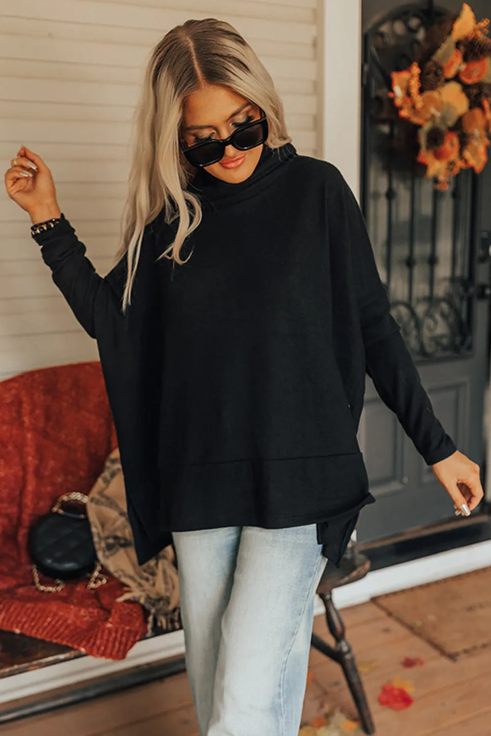 Erin Side Slit High-Low Cowl Neck Long Sleeve Blouse