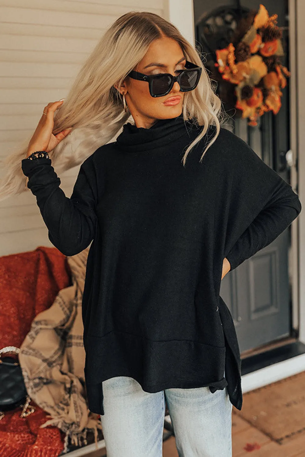 Erin Side Slit High-Low Cowl Neck Long Sleeve Blouse