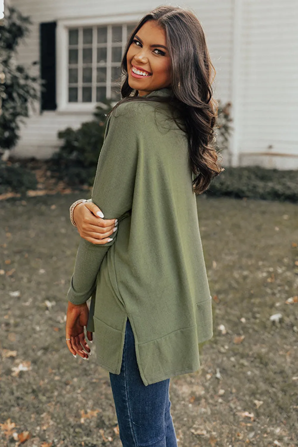 Erin Side Slit High-Low Cowl Neck Long Sleeve Blouse