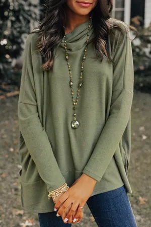 Erin Side Slit High-Low Cowl Neck Long Sleeve Blouse