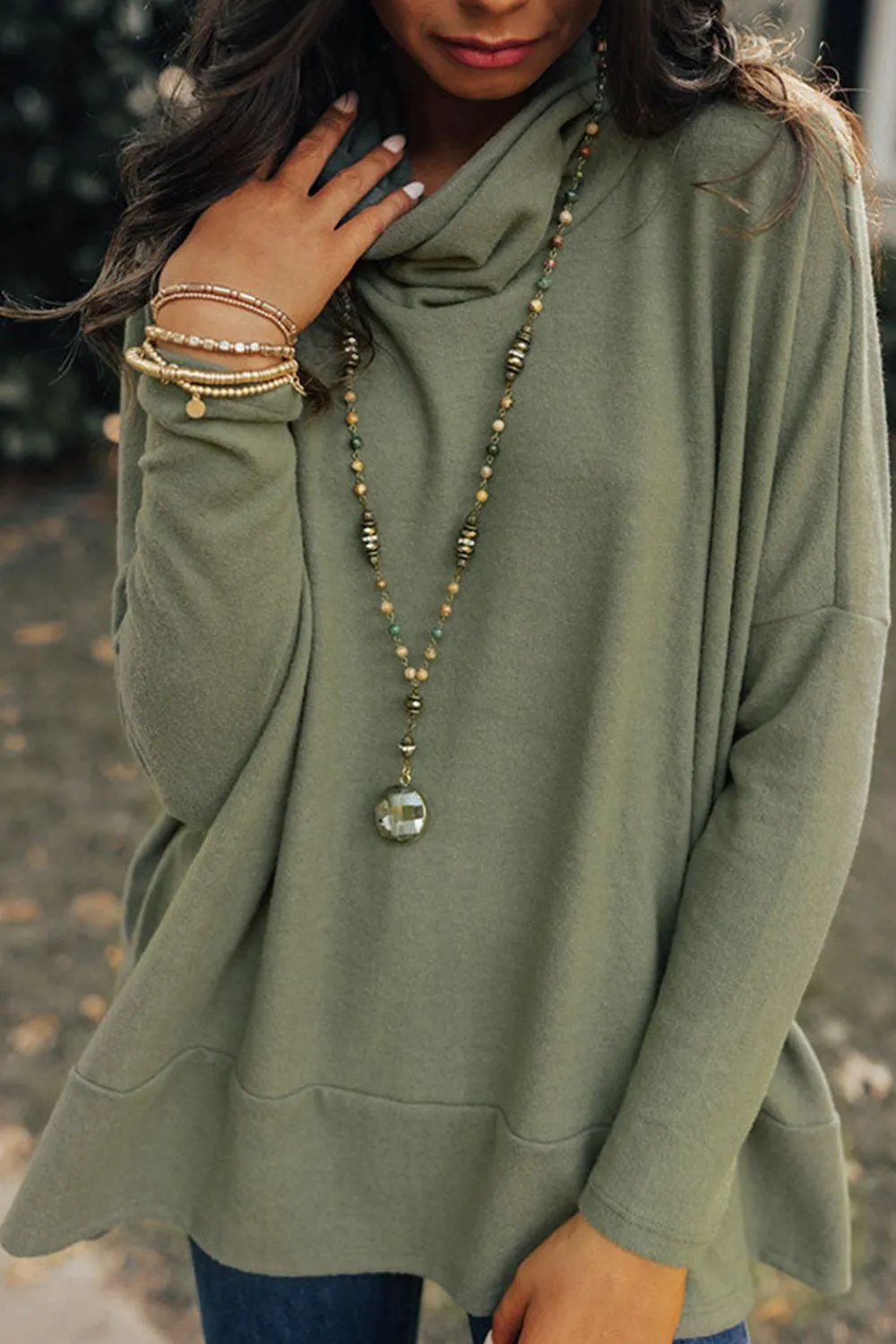 Erin Side Slit High-Low Cowl Neck Long Sleeve Blouse