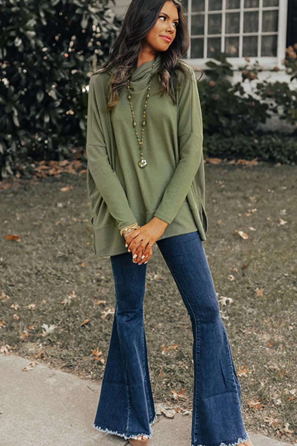 Erin Side Slit High-Low Cowl Neck Long Sleeve Blouse