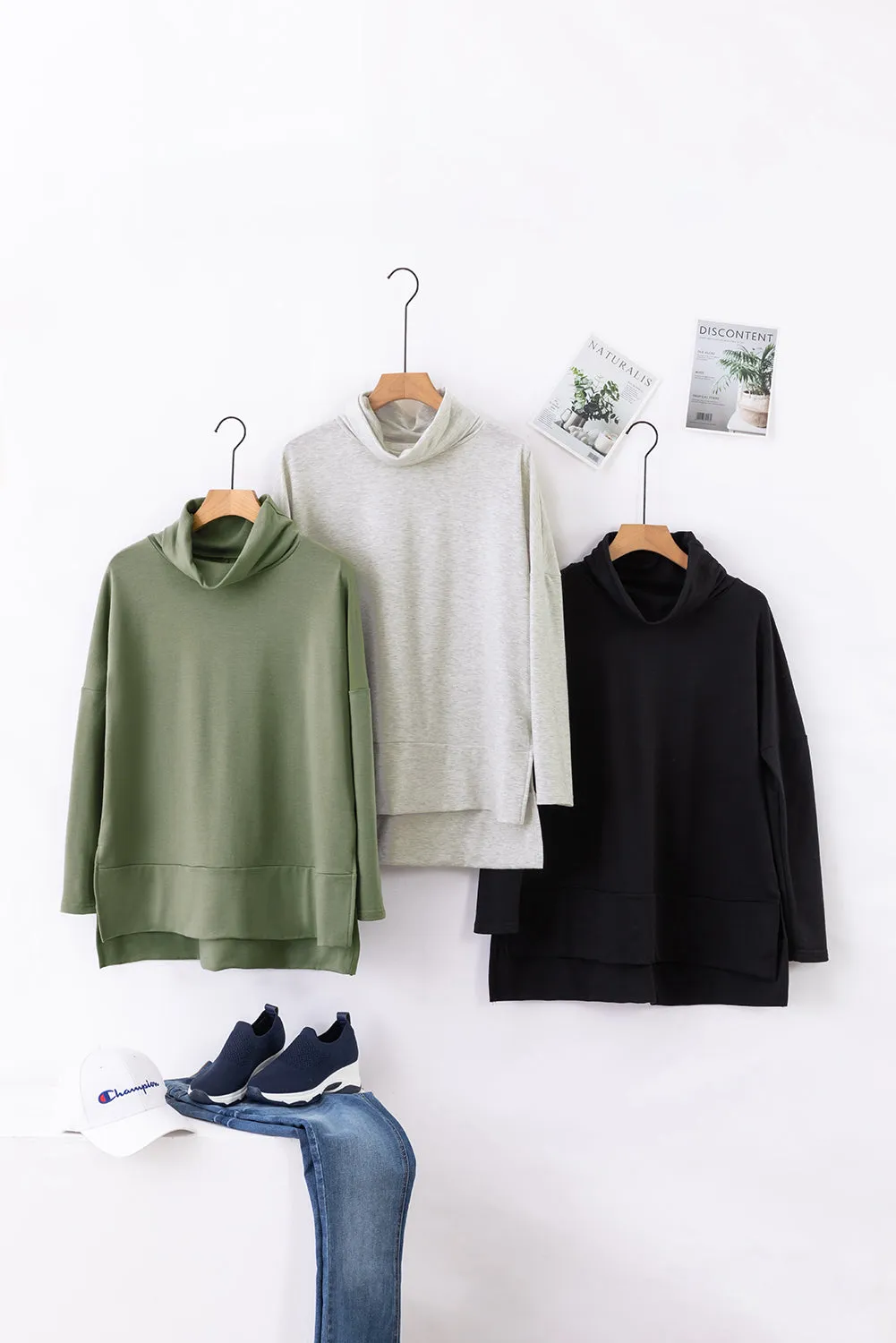 Erin Side Slit High-Low Cowl Neck Long Sleeve Blouse