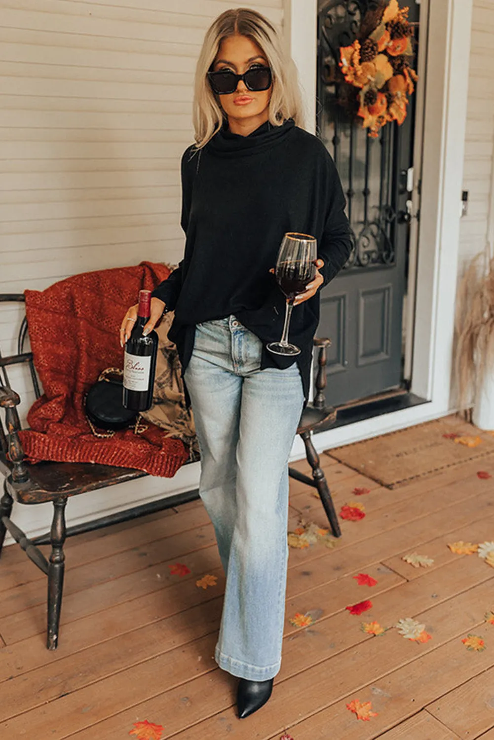 Erin Side Slit High-Low Cowl Neck Long Sleeve Blouse