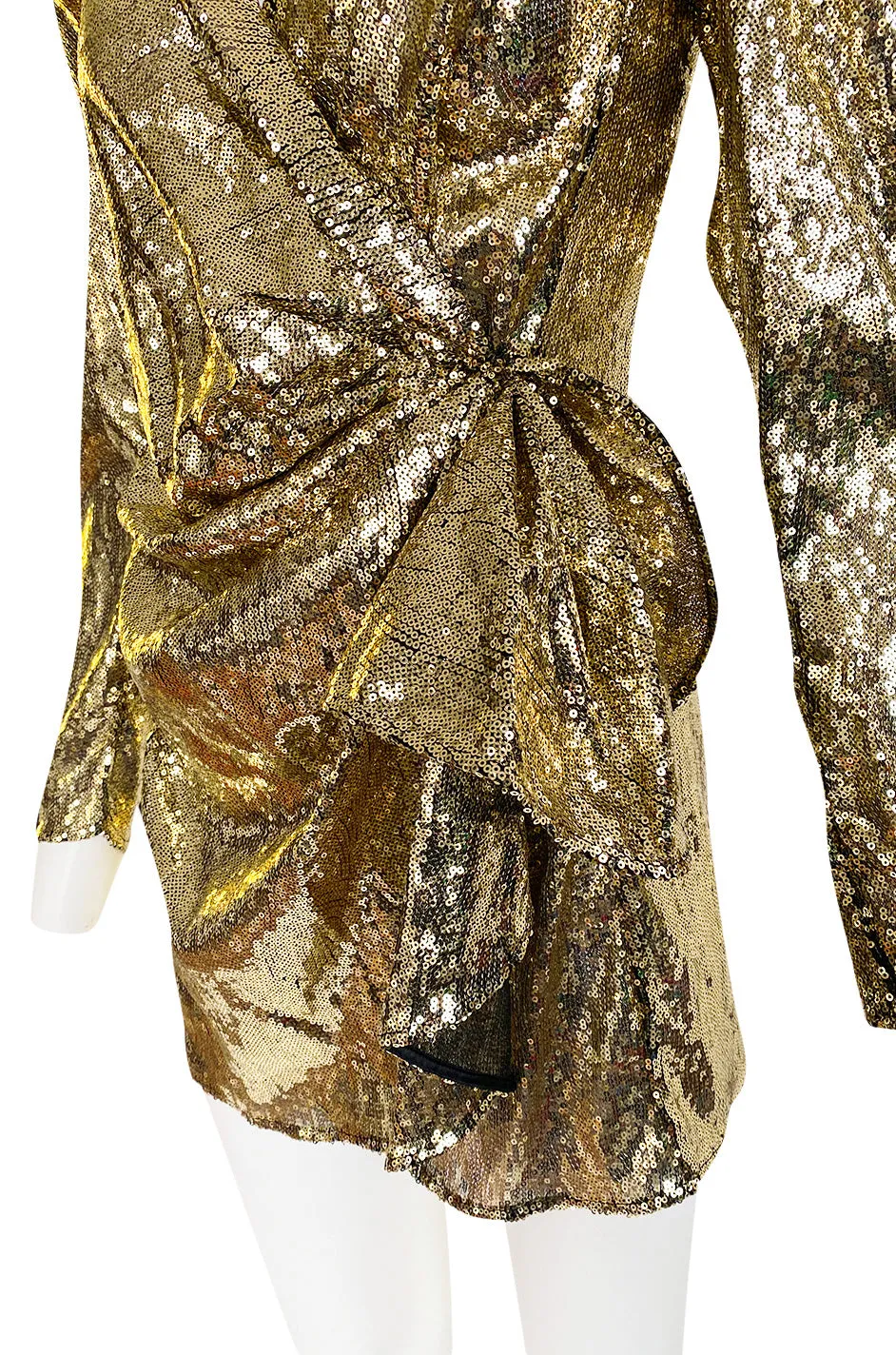 Exclusive 2018 Attico for Luisaviaroma Gold Sequin Wrapped Plunging Mini Dress