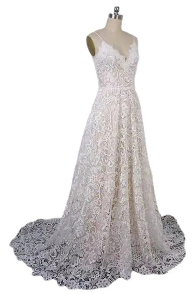 Exquisite Lace Spaghetti Straps V-neck Long Wedding Dresses