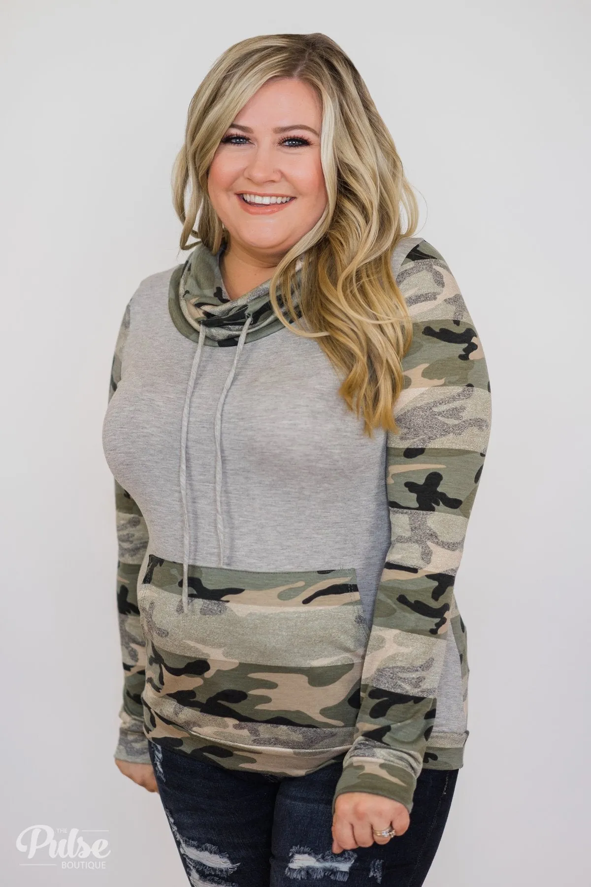 Fade Into You Camo Cowl Neck- Grey