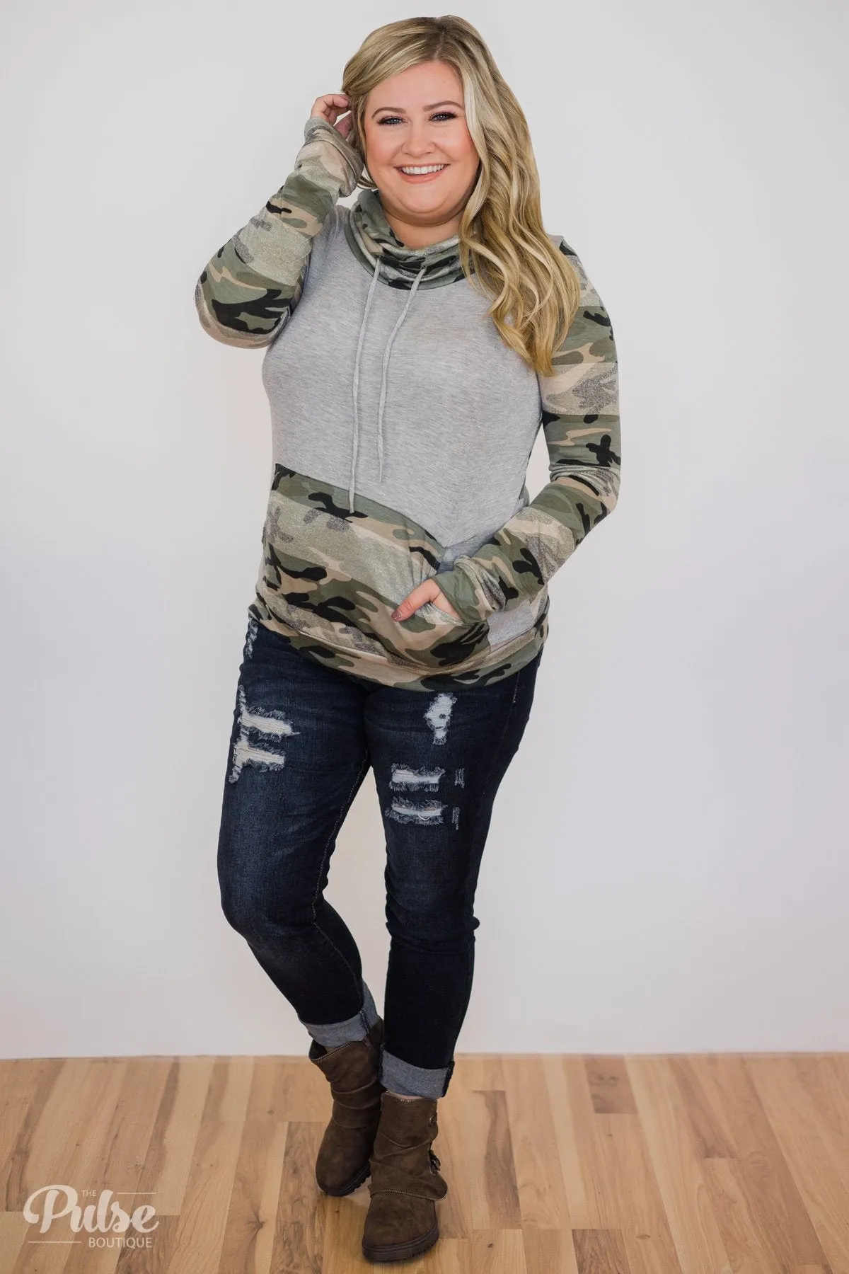 Fade Into You Camo Cowl Neck- Grey