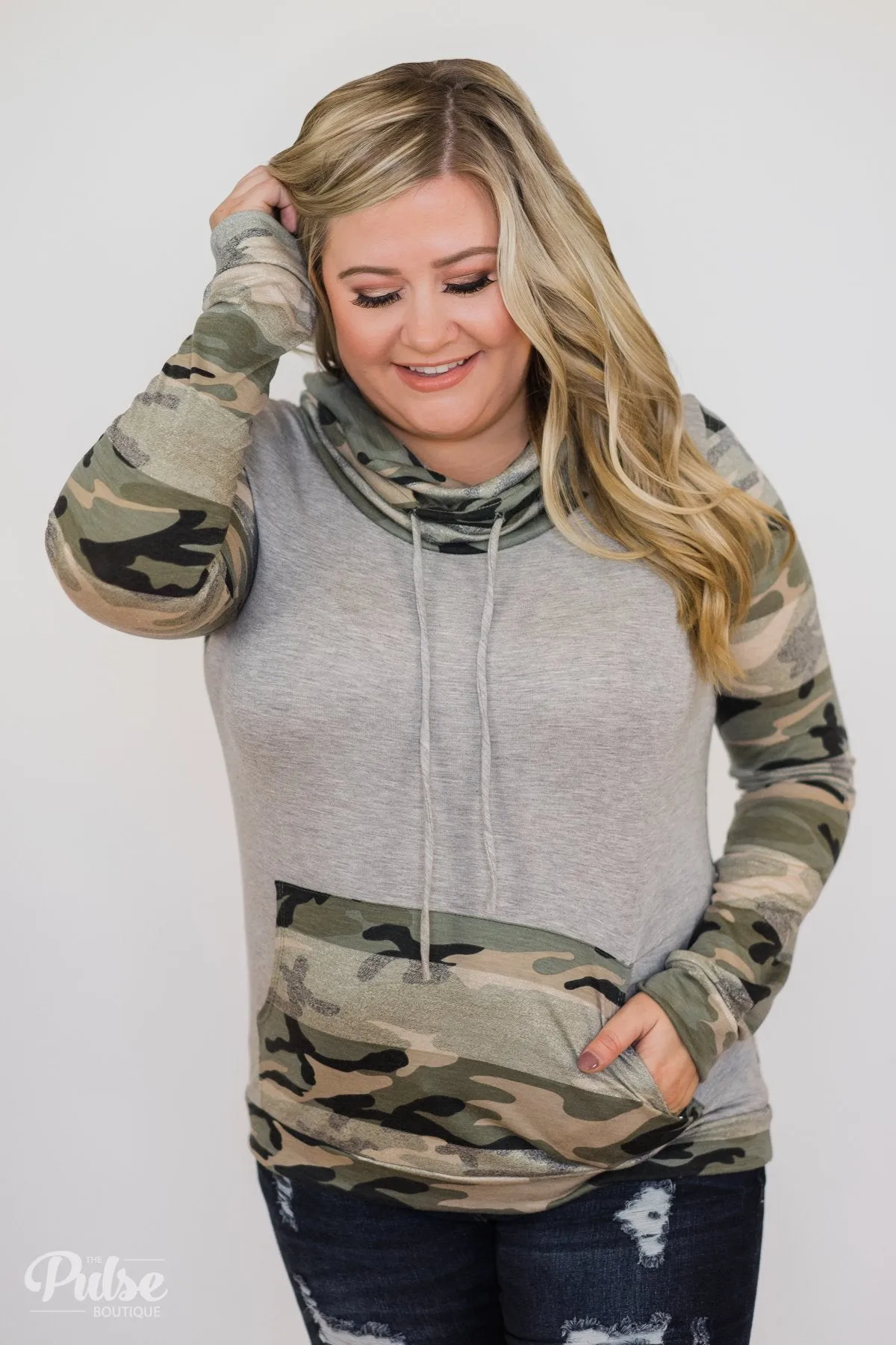 Fade Into You Camo Cowl Neck- Grey