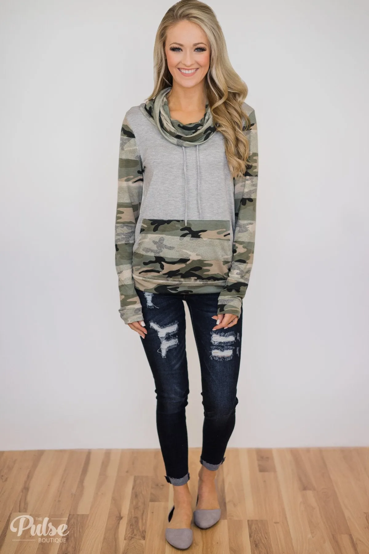 Fade Into You Camo Cowl Neck- Grey