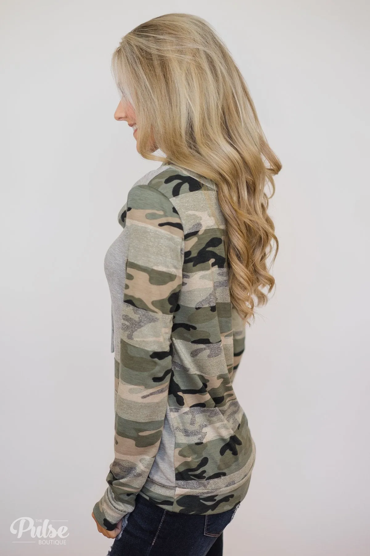 Fade Into You Camo Cowl Neck- Grey
