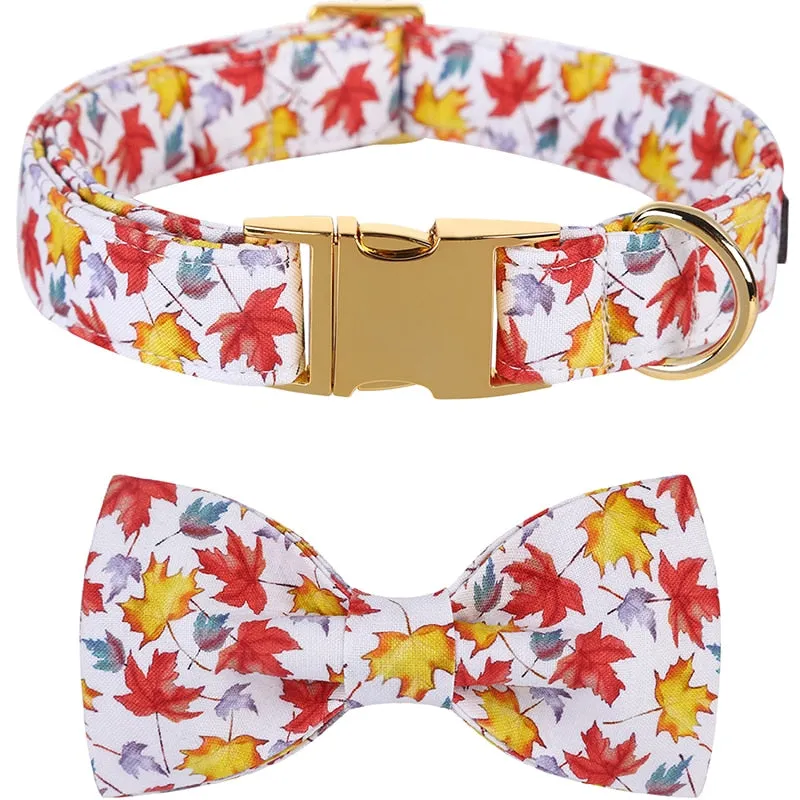 Fall Bow Tie Dog Collar with Fall Maple Leaf Print
