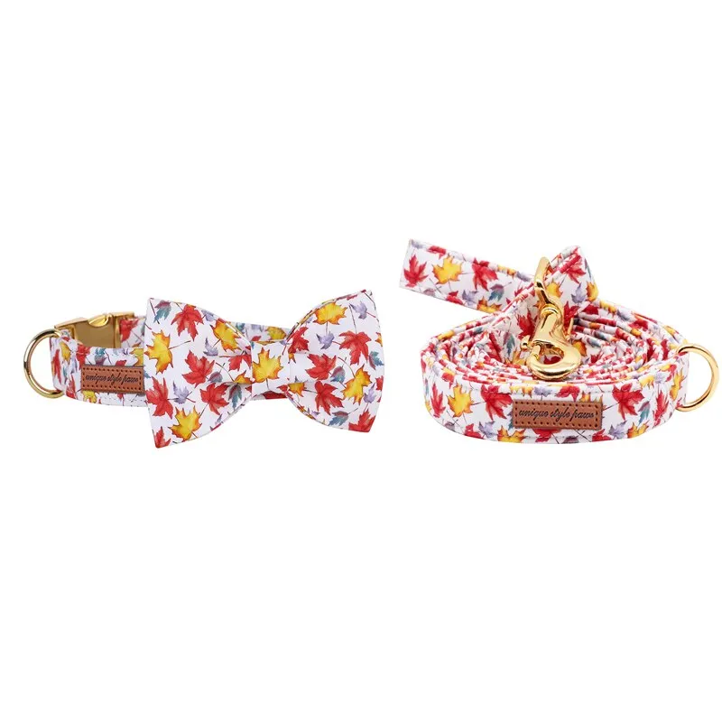 Fall Bow Tie Dog Collar with Fall Maple Leaf Print