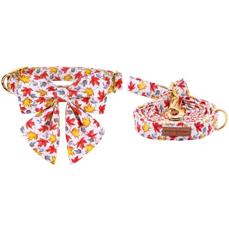 Fall Bow Tie Dog Collar with Fall Maple Leaf Print