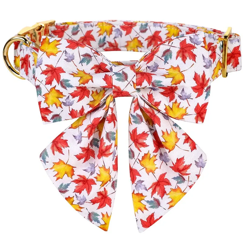 Fall Bow Tie Dog Collar with Fall Maple Leaf Print