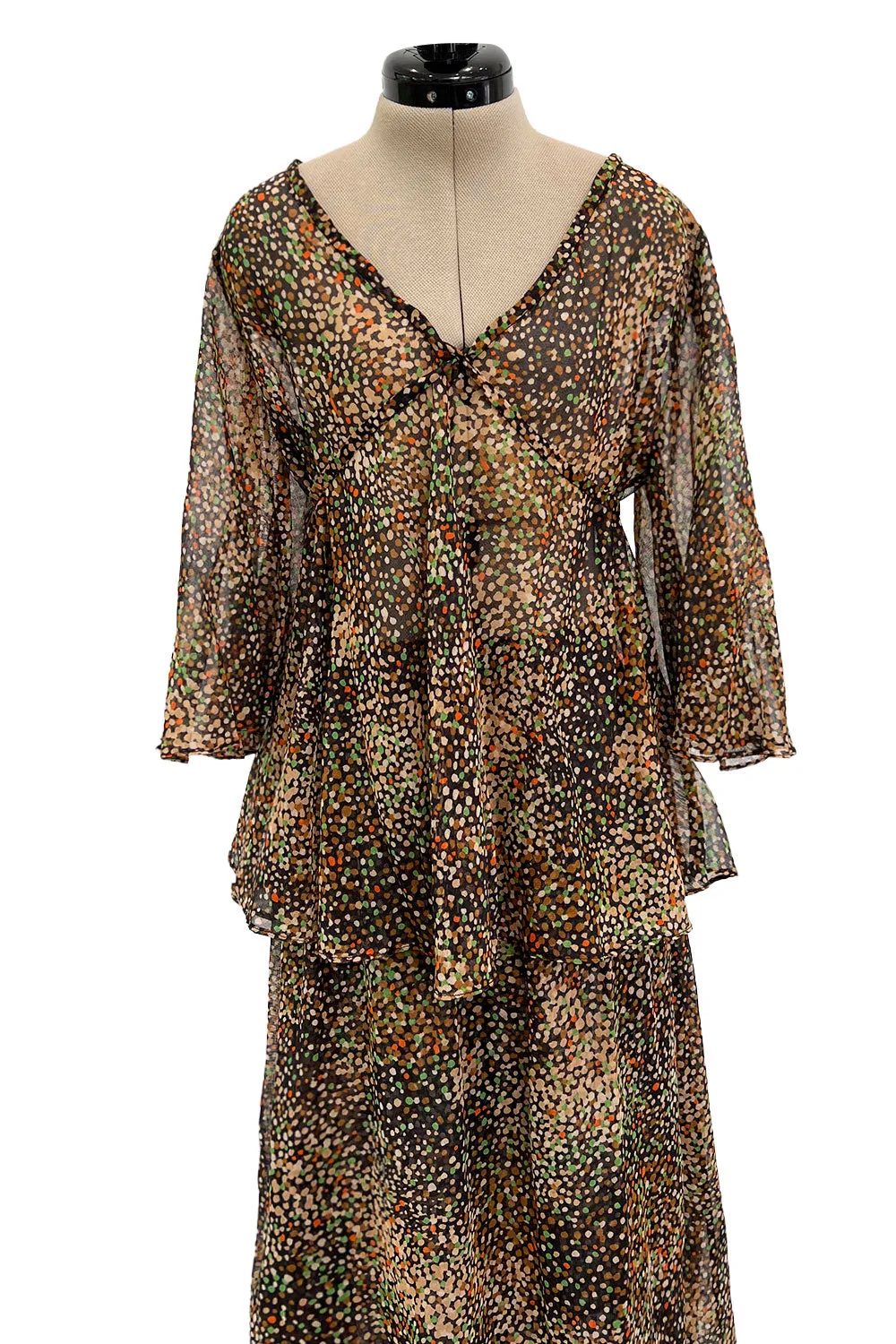 Fantastic 1970s Yves Saint Laurent Light and Airy Top w Curved Sleeves & Tiered Dress Skirt Set