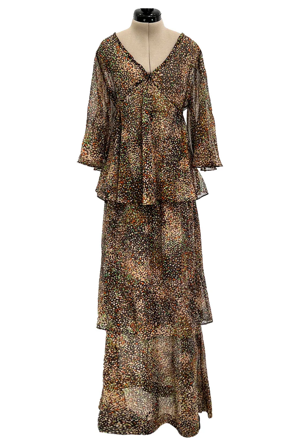 Fantastic 1970s Yves Saint Laurent Light and Airy Top w Curved Sleeves & Tiered Dress Skirt Set