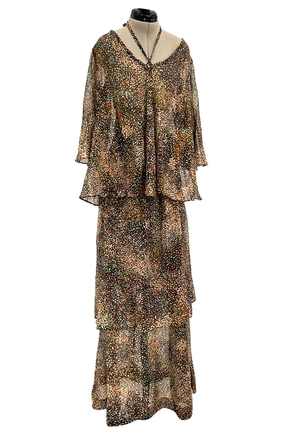 Fantastic 1970s Yves Saint Laurent Light and Airy Top w Curved Sleeves & Tiered Dress Skirt Set