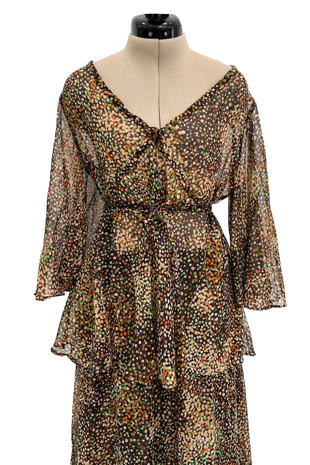 Fantastic 1970s Yves Saint Laurent Light and Airy Top w Curved Sleeves & Tiered Dress Skirt Set