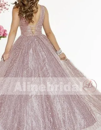 Fashion Sparkly Sequin V-neck Sleeveless A-line Prom Dresses, PD00086