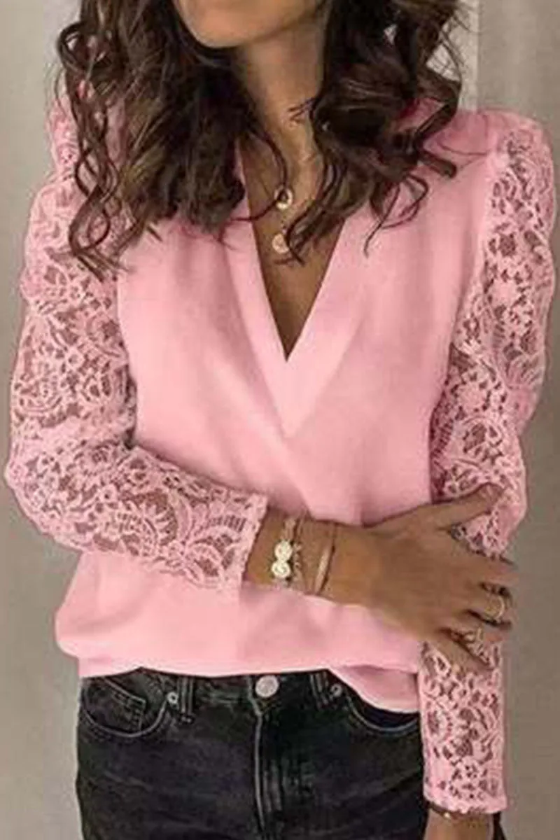 Fashion Street Solid Patchwork V Neck Tops(5 Colors)