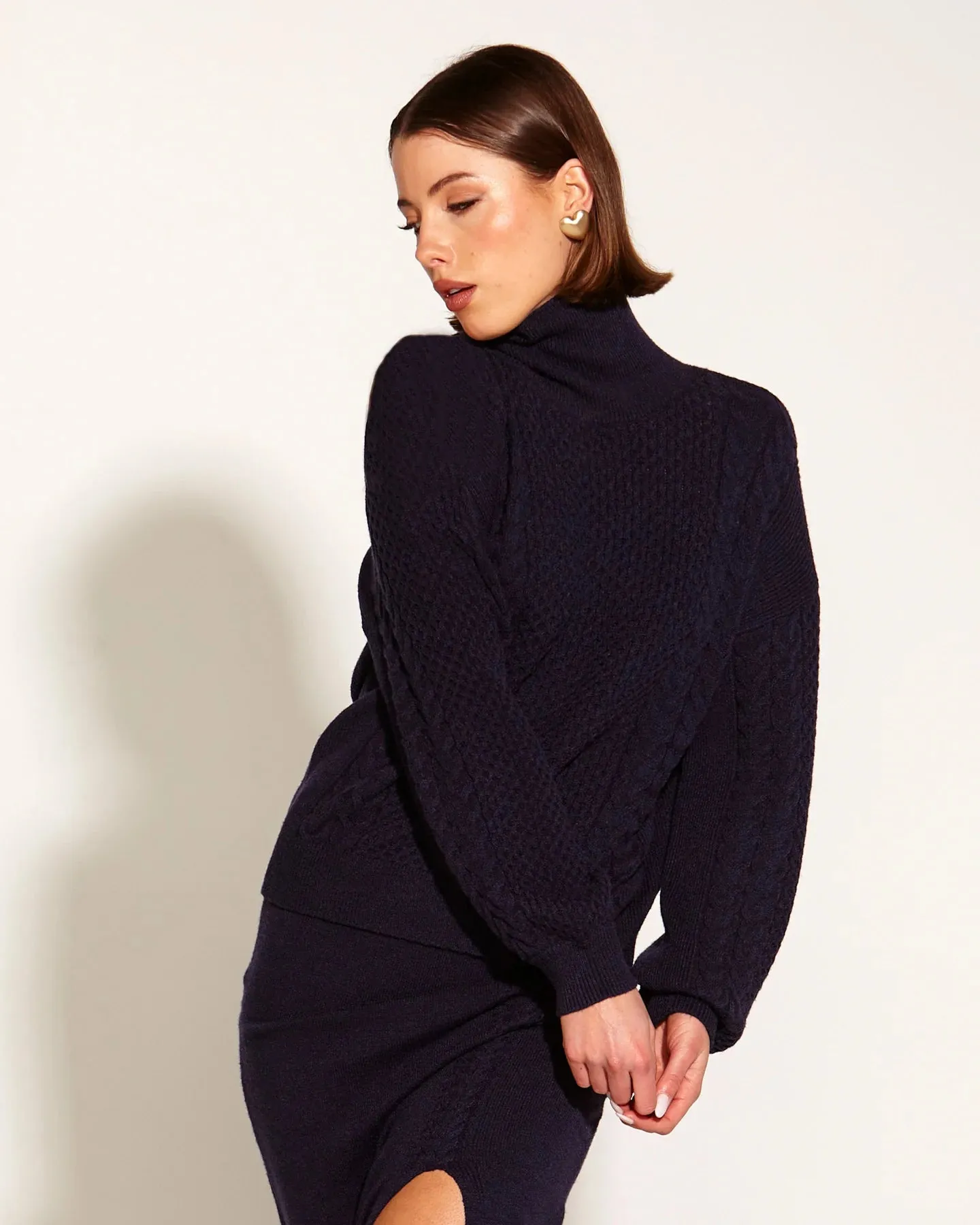 FATE BECKER TREASURE TURTLENECK CABLE KNIT NAVY