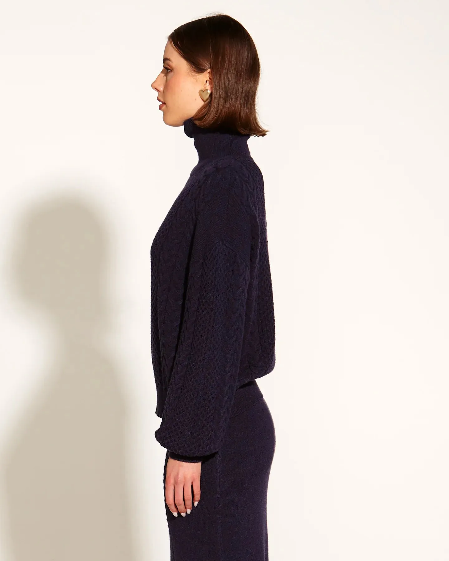FATE BECKER TREASURE TURTLENECK CABLE KNIT NAVY