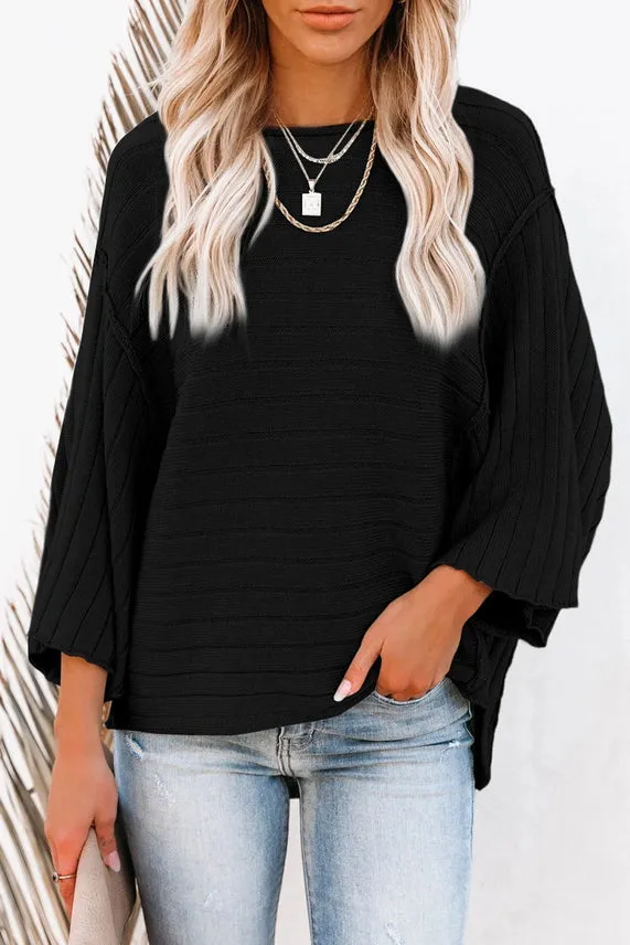 Fenway Exposed Seam Ribbed Knit Dolman Sweater Black