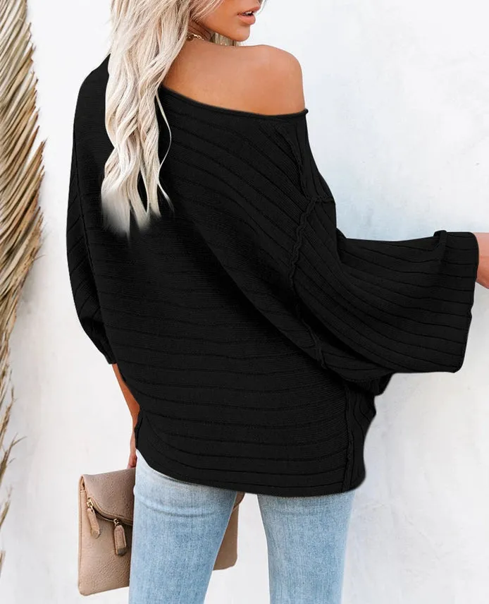 Fenway Exposed Seam Ribbed Knit Dolman Sweater Black
