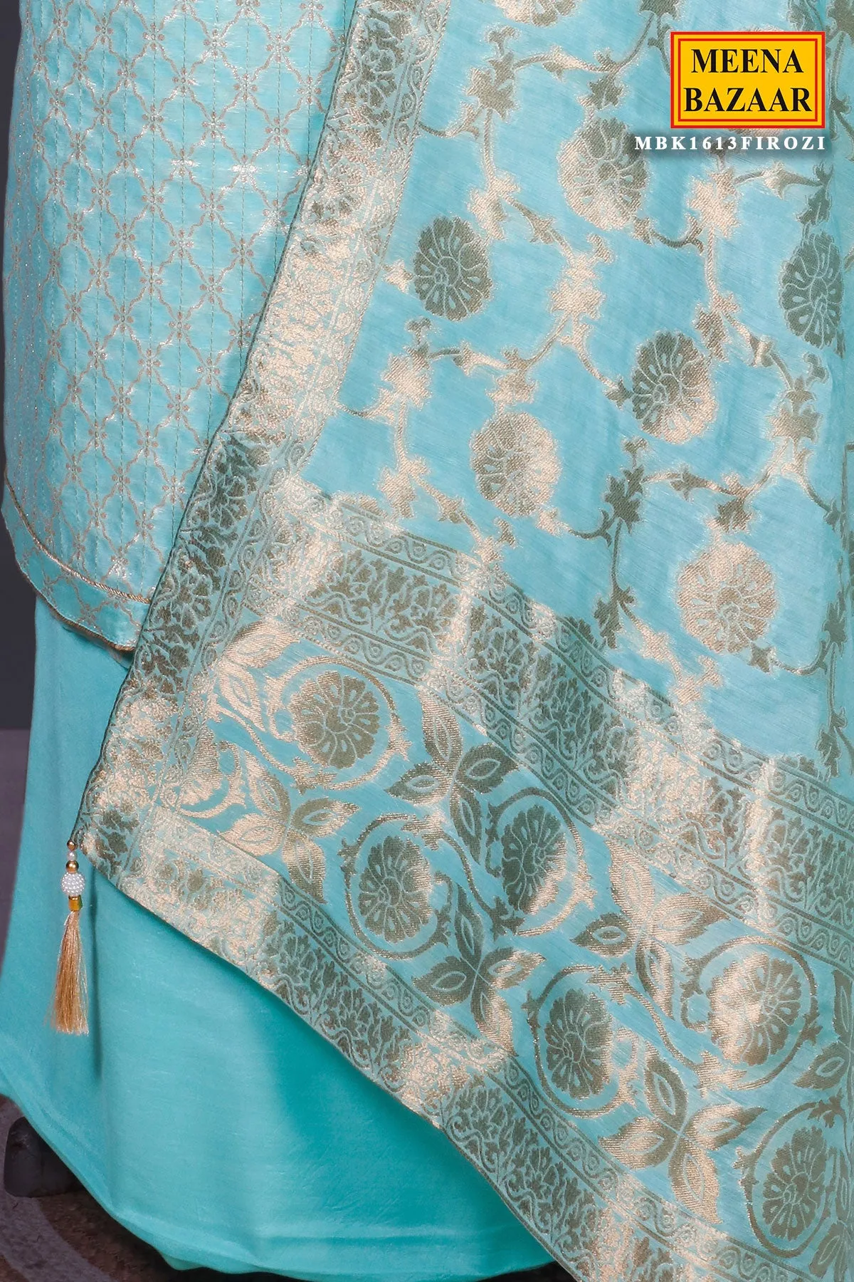 Firozi Chanderi Cotton Zai Jaal Work Embroidered Unstitched Suit