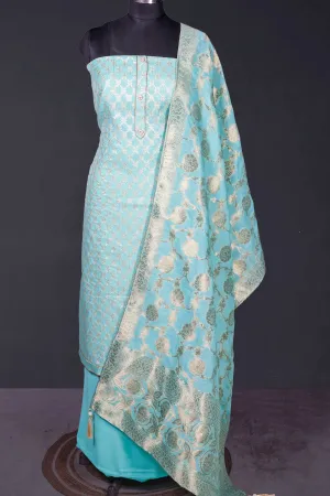 Firozi Chanderi Cotton Zai Jaal Work Embroidered Unstitched Suit