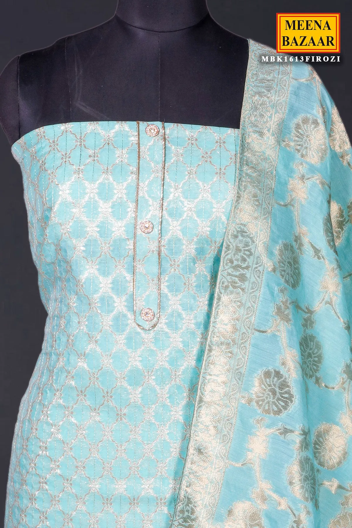 Firozi Chanderi Cotton Zai Jaal Work Embroidered Unstitched Suit