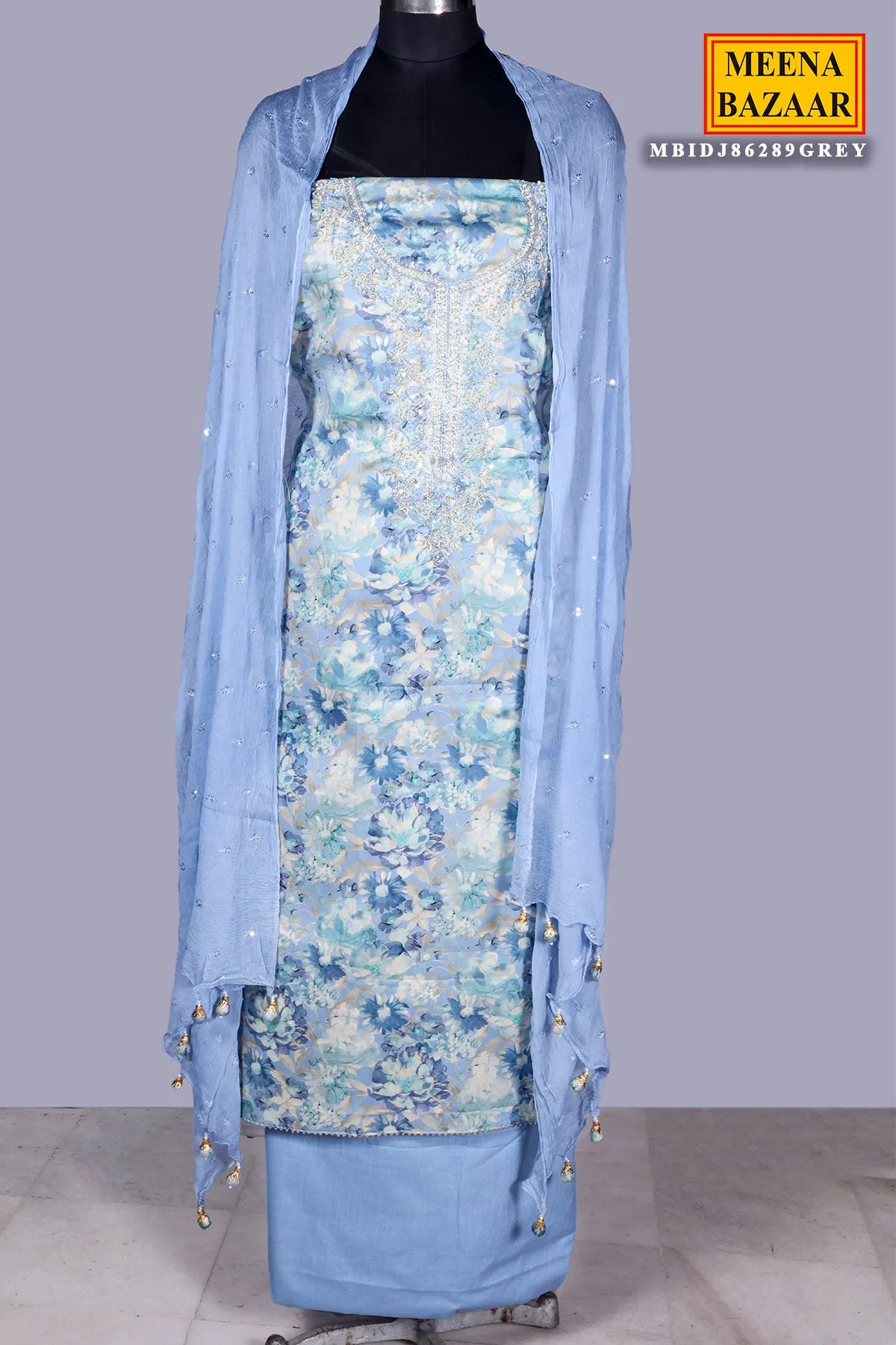 Firozi Neckline Embroidered Chanderi Cotton Unsticthed Suit