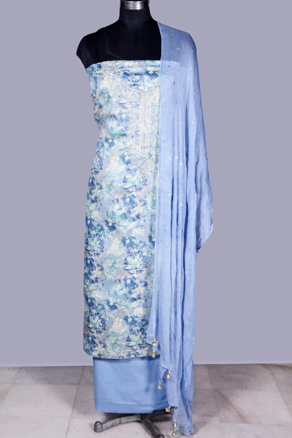 Firozi Neckline Embroidered Chanderi Cotton Unsticthed Suit