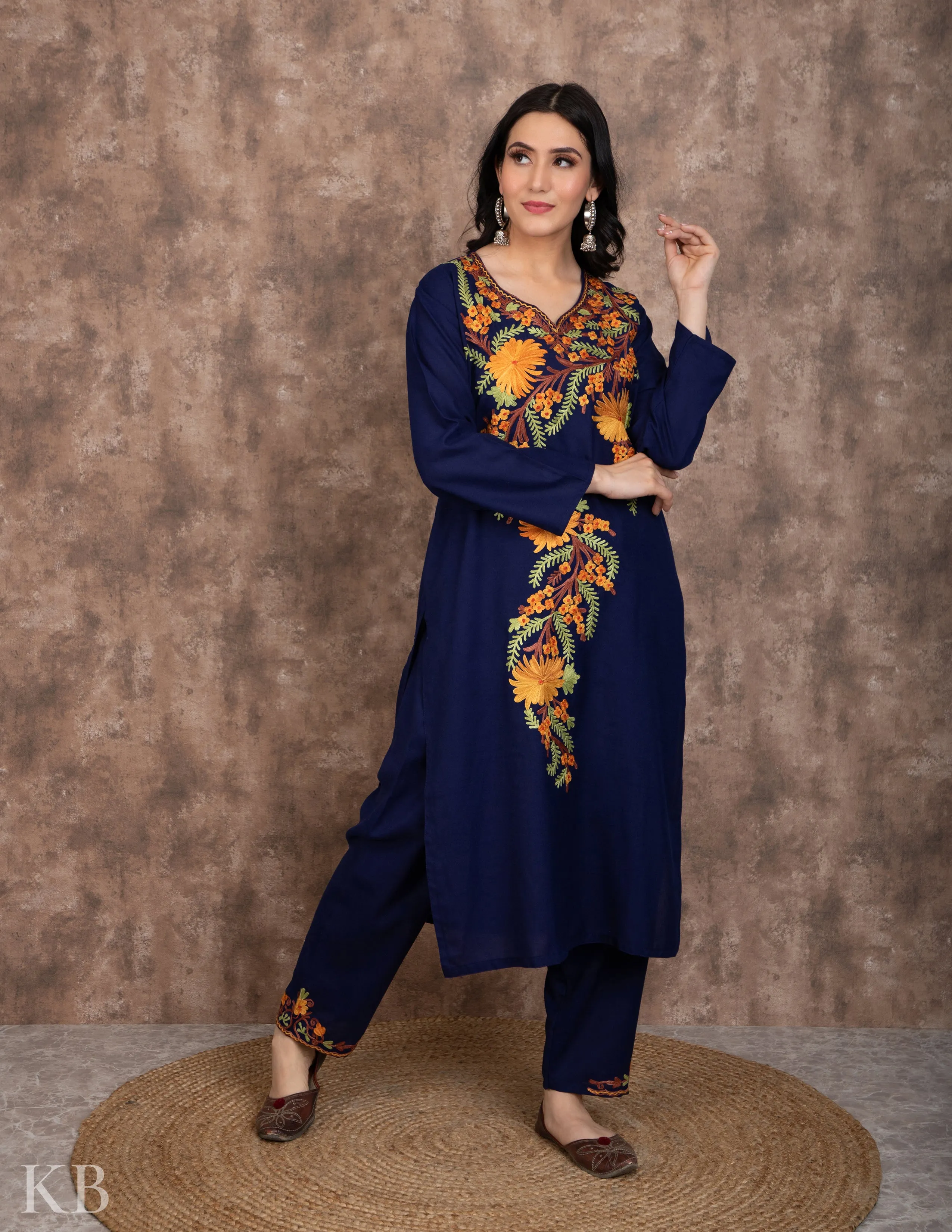 Floral Aari Dark Blue Cotton Suit