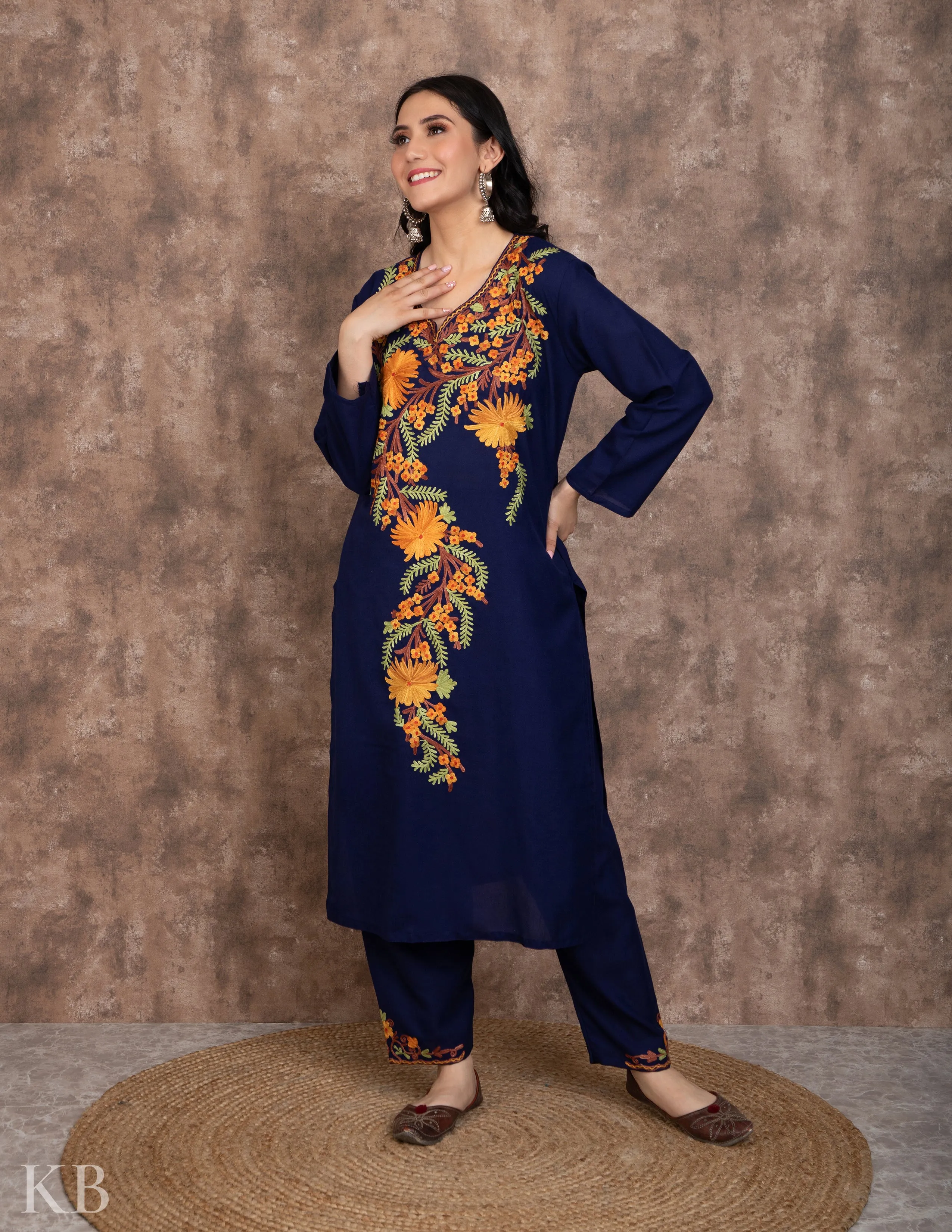 Floral Aari Dark Blue Cotton Suit