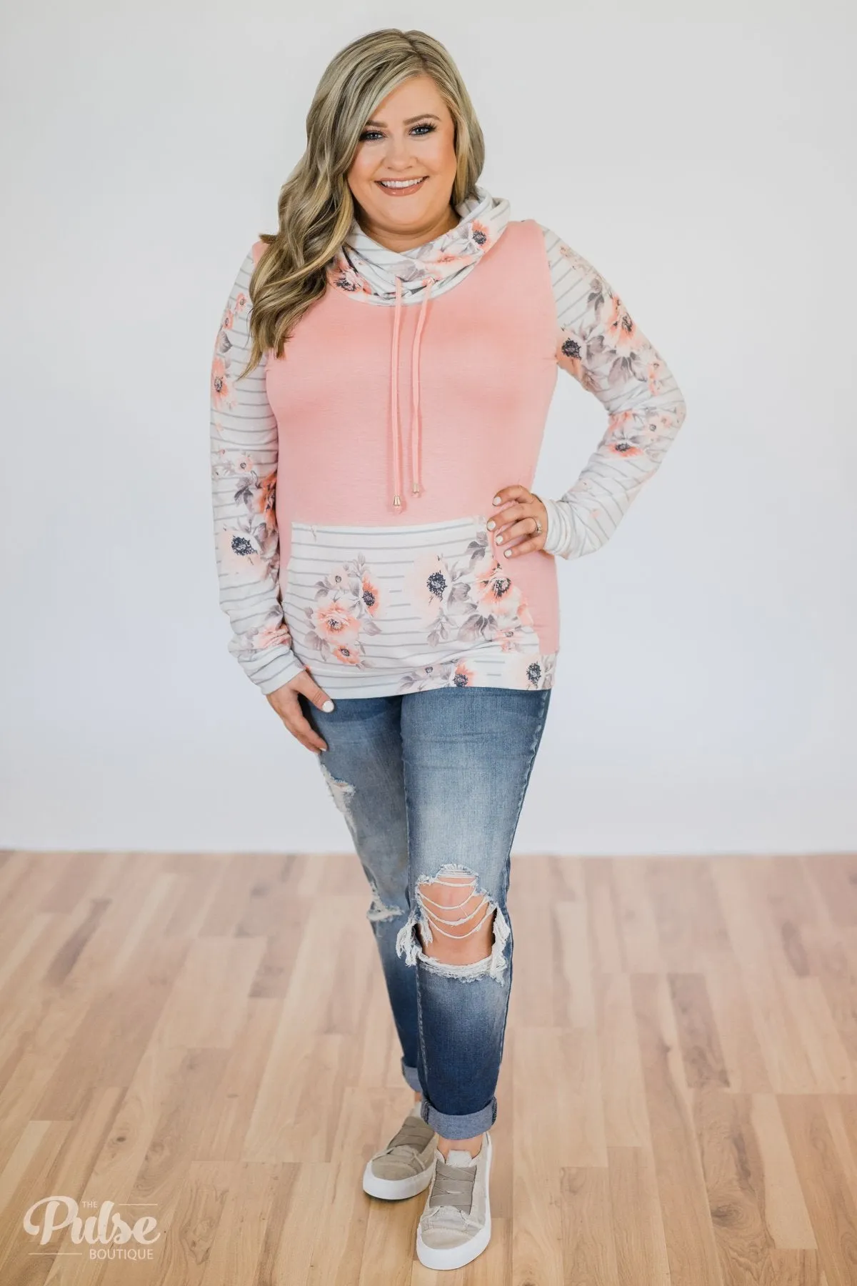 Floral & Stripes Cowl Neck- Candy Pink